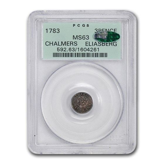 1783 Chalmers Three Pence Colonial MS-63 PCGS CAC 1783 Chalmers Three Pence Colonial MS-63 PCGS CAC